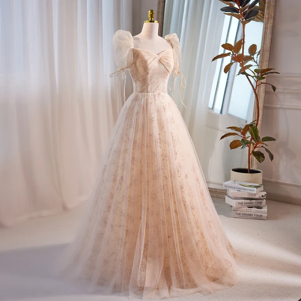 Chic / Beautiful Champagne Sequins Prom Dresses Square Neckline 2023 A-Line / Princess Puffy Short Sleeve Backless Floor-Length / Long Prom Formal Dresses