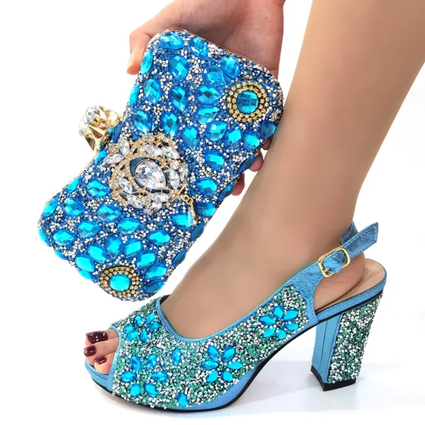 Sparkly Pool Blue Rhinestone Evening Party Clutch Bags Womens Sandals 2023 9 cm Thick Heels Open / Peep Toe Sandals High Heels Clutch Bags