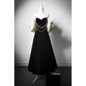 Elegant Blushing Pink Beading Velvet Prom Dresses 2024 A Line Princess Off The Shoulder Puffy Short Sleeve Backless Tea Length Prom Formal Dresses
