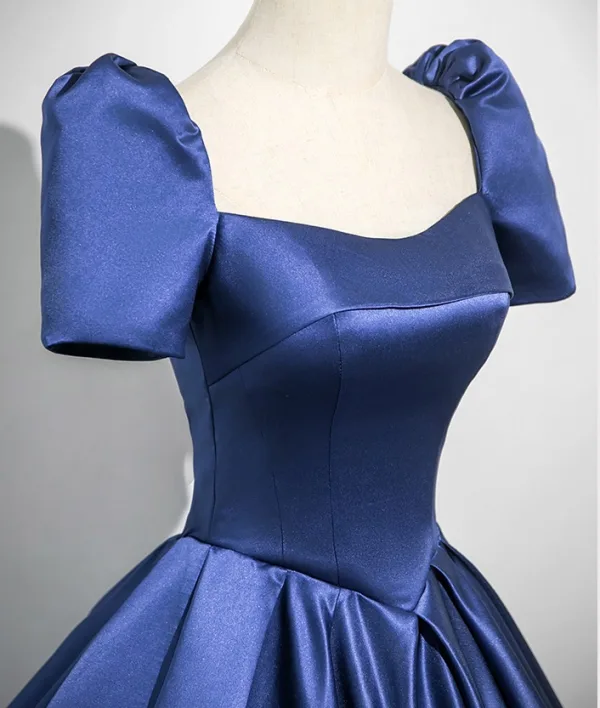 purple and black formal dresses Dark Navy Blue Formal Dresses Deep V-Neck Short Sleeves Stretch Satin Formal Dress With Split main image 0