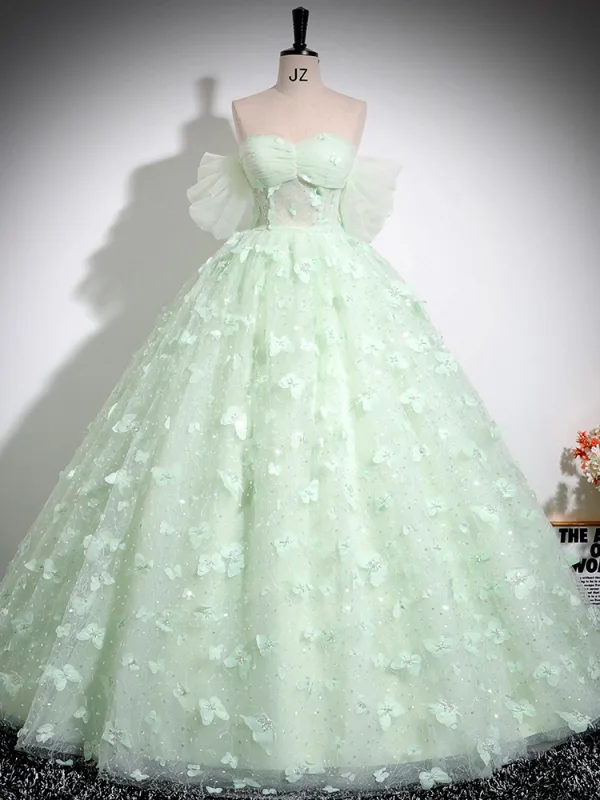 Elegant Sage Green Sequins Butterfly Appliques Prom Dresses 2024 Ball Gown Off-The-Shoulder Short Sleeve Backless Floor-Length / Long Prom Formal Dresses