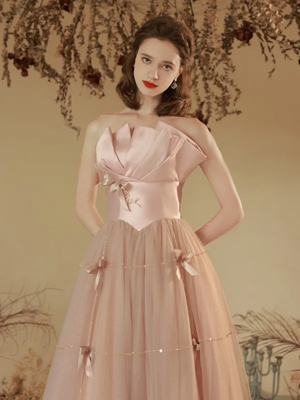 Charmant Rougissant Rose Perlage Robe De Soirée 2023 Princesse Bustier Noeud Sans Manches Dos Nu Longue Soirée Robe De Ceremonie