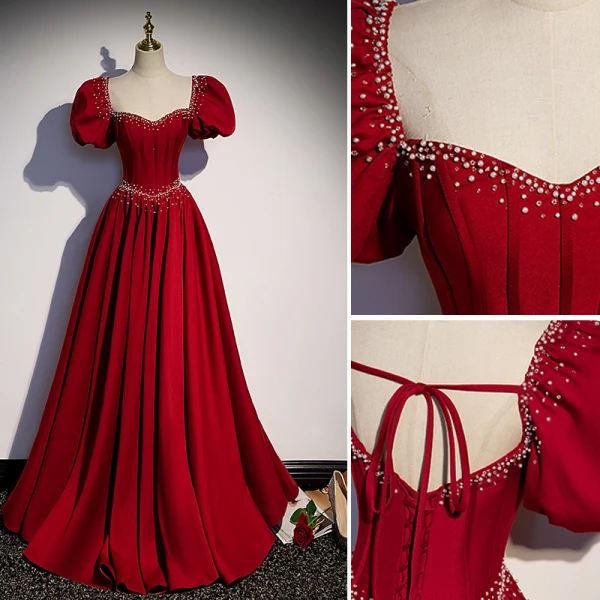 Elegante Burgunderrot Satin Ballkleider 2022 A Linie Eckiger Ausschnitt Perlenstickerei Geschwollenes Kurze Ärmel Rückenfreies Schleife Lange Festliche Kleider
