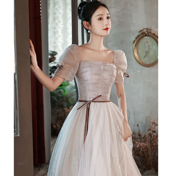 Chic / Belle Rougissant Rose Paillettes Robe De Bal 2022 Princesse Encolure Carrée Gonflée Manches Courtes Dos Nu Noeud Ceinture Longue Promo Robe De Ceremonie