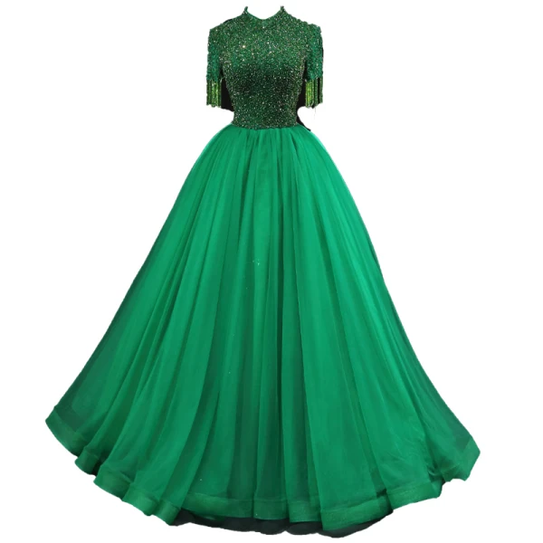 Haut de Gamme Vert Fait main Perlage Paillettes Robe De Bal 2022 Robe Boule Col Haut Faux Diamant Gland Manches Courtes Dos Nu Longue Robe De Ceremonie