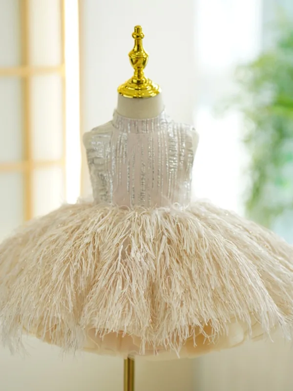 Sparkly Fashion Champagne Sequins Tassel Birthday Short Flower Girl Dresses 2023 Ball Gown Scoop Neck Sleeveless Bow Flower Girl Dresses