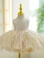 Sparkly Fashion Champagne Sequins Tassel Birthday Short Flower Girl Dresses 2023 Ball Gown Scoop Neck Sleeveless Bow Flower Girl Dresses