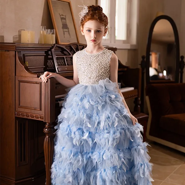 Fashion Sky Blue Pearl Appliques Birthday Flower Girl Dresses 2025 A-Line / Princess Scoop Neck Sleeveless Backless Floor-Length / Long