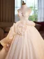 Elegant Champagne Pearl Appliques Satin Prom Dresses 2025 Ball Gown Strapless Bow Sleeveless Backless Sweep Train Formal Dresses