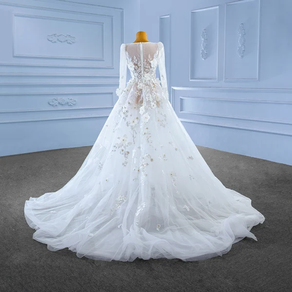 Luxury / Gorgeous White Rhinestone Lace Flower Appliques 2023 A-Line / Princess V-Neck Long Sleeve Wedding Dresses Court Train Wedding
