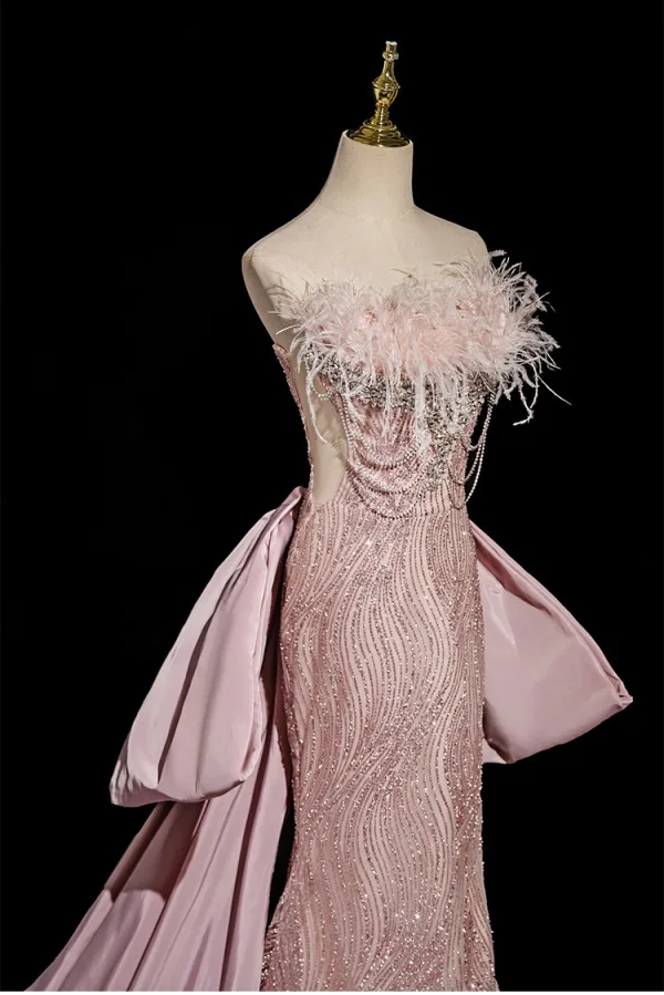Sexy Rougissant Rose Perlage Faux Diamant Paillettes Gland Robe De Soirée 2025 Trompette / Sirène Bustier Sans Manches Dos Nu Noeud Tribunal Train Soirée
