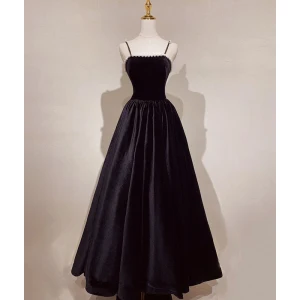 Elegant Black Suede Pearl Prom Dresses 2022 A Line Princess Spaghetti Straps Sleeveless Backless Floor Length Long Prom Formal Dresses