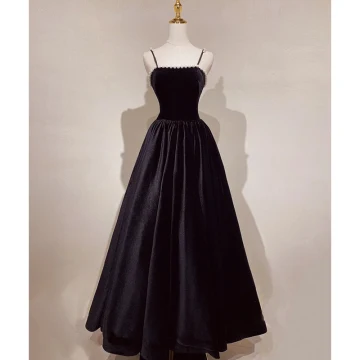Élégant Noire Daim Perle Robe De Bal 2022 Princesse Bretelles Spaghetti Sans Manches Dos Nu Longue Promo Robe De Ceremonie