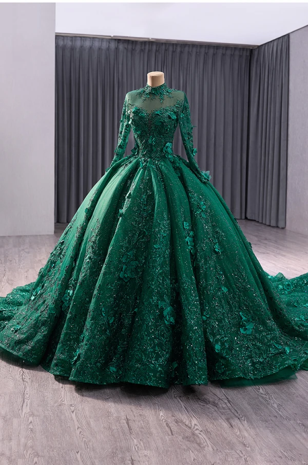 High-end Red Handmade  Beading Pearl Sequins Appliques Prom Dresses 2024 Ball Gown High Neck Long Sleeve Backless Chapel Train Prom Formal Dresses
