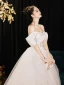 Charming White Lace Flower Wedding Dresses 2024 A-Line / Princess Off-The-Shoulder Short Sleeve Backless Floor-Length / Long
