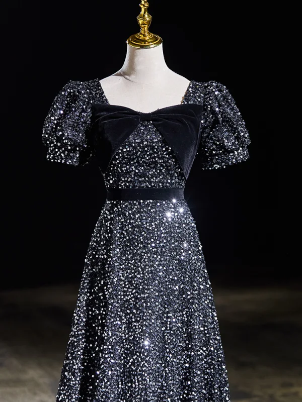 Scintillantes Noire Paillettes Robe De Bal 2024 Princesse Encolure Carrée Noeud Manches Courtes Dos Nu Longue Promo Robe De Ceremonie