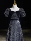 Scintillantes Noire Paillettes Robe De Bal 2024 Princesse Encolure Carrée Noeud Manches Courtes Dos Nu Longue Promo Robe De Ceremonie