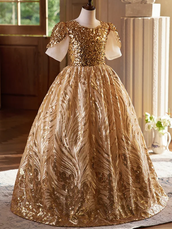 Scintillantes Doré Paillettes Anniversaire Robe Ceremonie Fille 2024 Robe Boule Encolure Dégagée Manches Courtes Dos Nu Longue