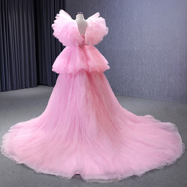 Unusual Candy Pink Summer Cascading Ruffles Prom Dresses Party Dresses 2023 Ball Gown V-Neck Ruffle Short Sleeve Court Train Prom Formal Dresses