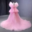 Unusual Candy Pink Summer Cascading Ruffles Prom Dresses Party Dresses 2023 Ball Gown V-Neck Ruffle Short Sleeve Court Train Prom Formal Dresses