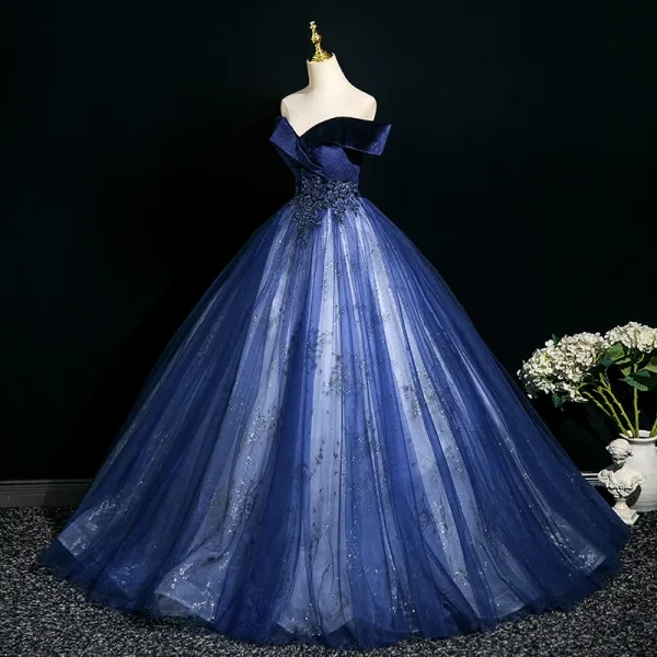 Elegant Ocean Blue Beading Lace Flower Prom Dresses 2025 Ball Gown Off-The-Shoulder Short Sleeve Backless Floor-Length / Long Prom Formal Dresses