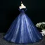 Elegant Ocean Blue Beading Lace Flower Prom Dresses 2025 Ball Gown Off-The-Shoulder Short Sleeve Backless Floor-Length / Long Prom Formal Dresses