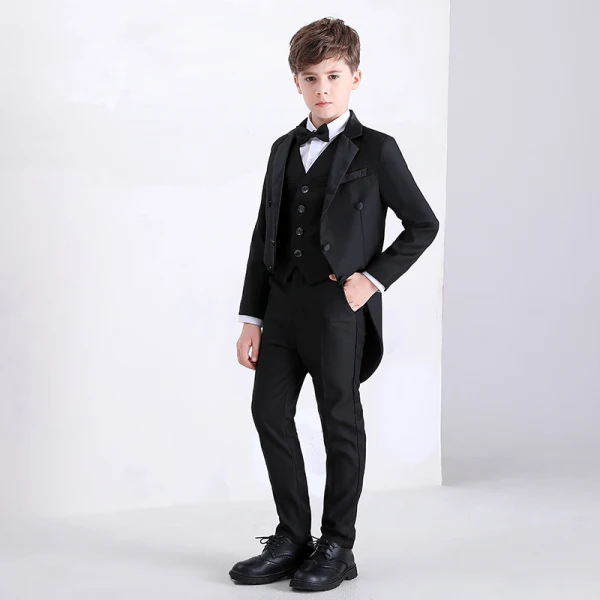 Noire Manches Longues Costume Garçon Mariage 2022 Manteau Pantalon Chemise Cravate Gilet Costumes De Mariage pour garçons