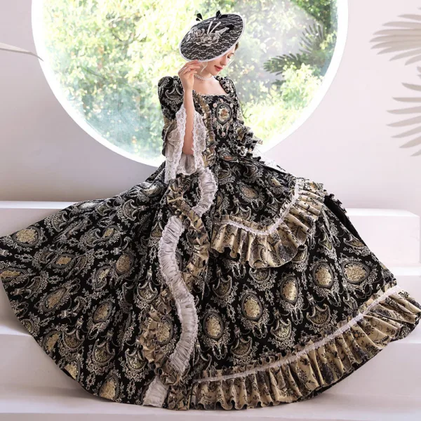Medieval Vintage / Retro Gothic Black Printing Prom Dresses 2022 Ball Gown Square Neckline Bell sleeves Backless Floor-Length / Long Formal Dresses