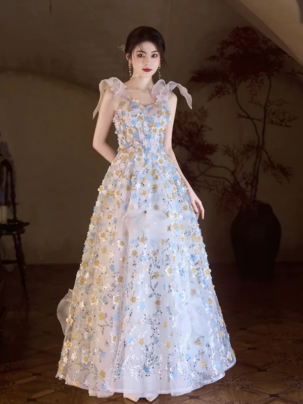 Chic / Beautiful Multi-Colors Appliques Beading White Prom Dresses 2025 A-Line / Princess Spaghetti Straps Sleeveless Backless Floor-Length / Long Prom Formal Dresses