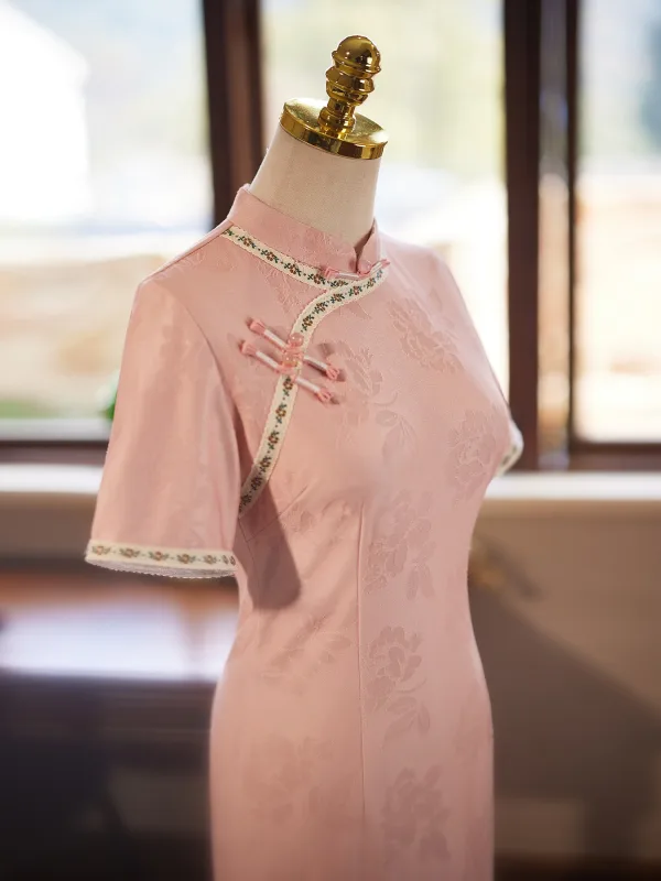 Chinese style Blushing Pink Evening Party Cheongsam 2025 Trumpet / Mermaid High Neck Short Sleeve Tea-length