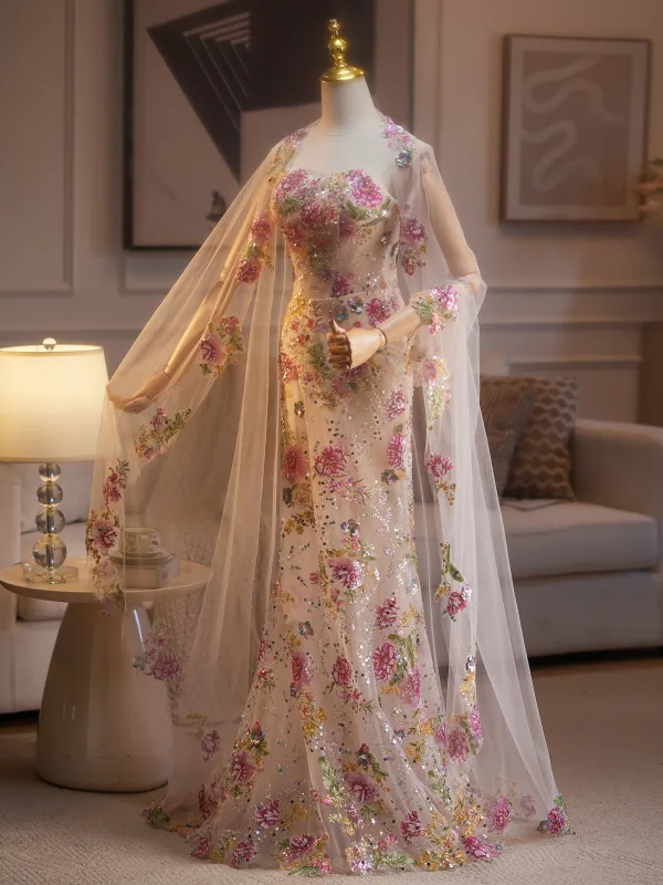 Flower Fairy Multi-Colors Beading Sequins Lace Flower Prom Dresses 2025 With Shawl Trumpet / Mermaid Strapless Sleeveless Backless Sweep Train Formal Dresses