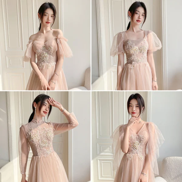 Chic / Beautiful Champagne Beading Bridesmaid Dresses 2022 A-Line / Princess Short Sleeve Backless Floor-Length / Long Bridesmaid