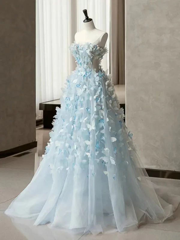 Chic / Belle Bleu Ciel Appliques Bustier Robe De Bal 2024 Princesse Sans Manches Dos Nu Train De Balayage Promo Robe De Ceremonie