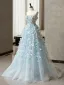 Chic / Belle Bleu Ciel Appliques Bustier Robe De Bal 2024 Princesse Sans Manches Dos Nu Train De Balayage Promo Robe De Ceremonie