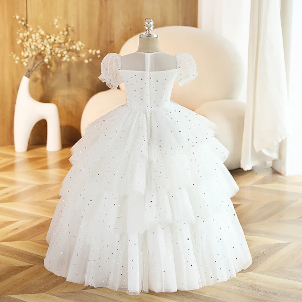 Chic / Beautiful White Beading Star Sequins Cascading Ruffles Flower Girl Dresses 2023 Ball Gown Scoop Neck Puffy Short Sleeve Floor-Length / Long Prom Flower Girl Dresses