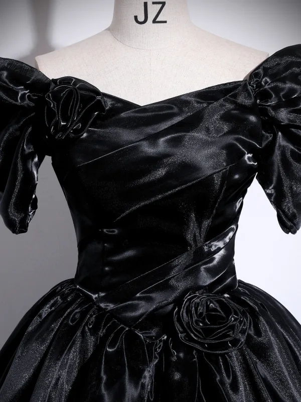 Chic / Beautiful Black Ball Gown Prom Dresses 2025 Off-The-Shoulder Puffy Short Sleeve Backless Floor-Length / Long Formal Dresses