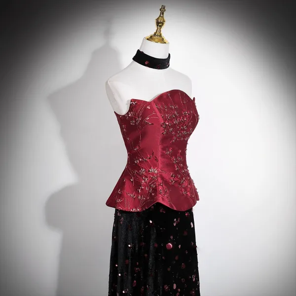 High-end Chinese style Burgundy Sequins Formal Dresses 2026 A-Line / Princess Strapless Sleeveless Backless Floor-Length / Long Evening Party Evening Dresses