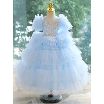 Mode Bleu Ciel Perlage Paillettes Volants En Cascade Anniversaire Robe Ceremonie Fille 2023 Robe Boule Encolure Dégagée Manches Courtes Dos Nu Longue Robe Ceremonie Fille