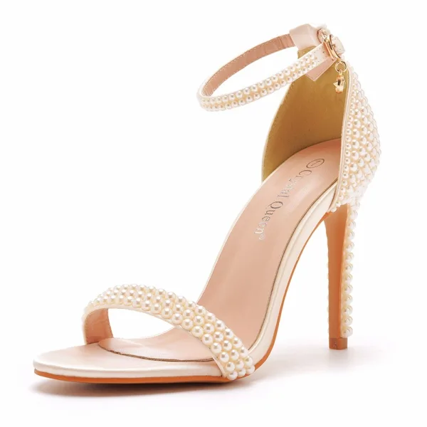 Sexy White Evening Party Pearl Ankle Strap Womens Sandals 2025 10 cm Stiletto Heels Open / Peep Toe Sandals High Heels
