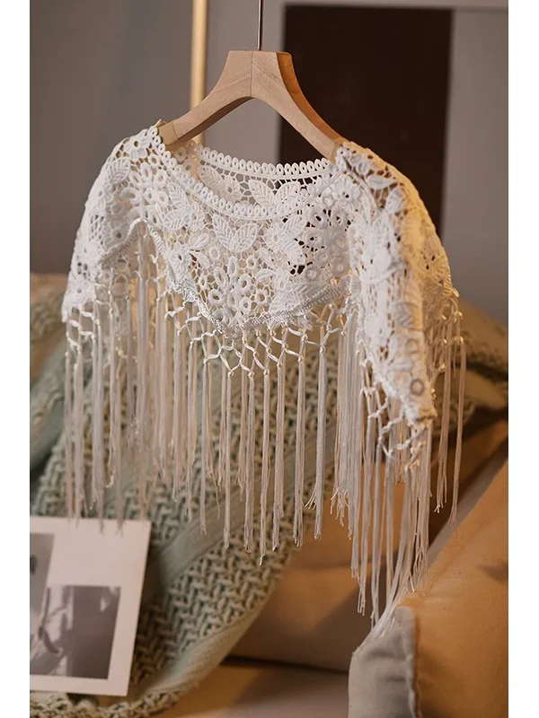Vintage / Retro White Lace Flower Tassel shawl Casual 2025
