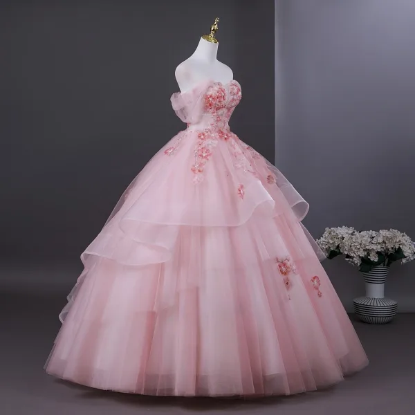 Flower Fairy Blushing Pink Beading Appliques Cascading Ruffles Prom Dresses 2025 Ball Gown Strapless Sleeveless Backless Floor-Length / Long Formal Dresses