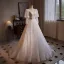 Elegant White Pearl Lace Flower Prom Dresses 2024 Ball Gown V-Neck 3/4 Sleeve Backless Sweep Train Prom Formal Dresses