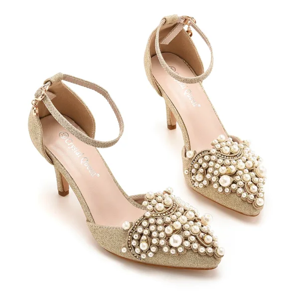 Charmant Bling Bling Doré Perle Faux Diamant Chaussure De Mariée 2023 Bride Cheville 7 cm Talons Aiguilles À Bout Pointu Mariage Talons Hauts