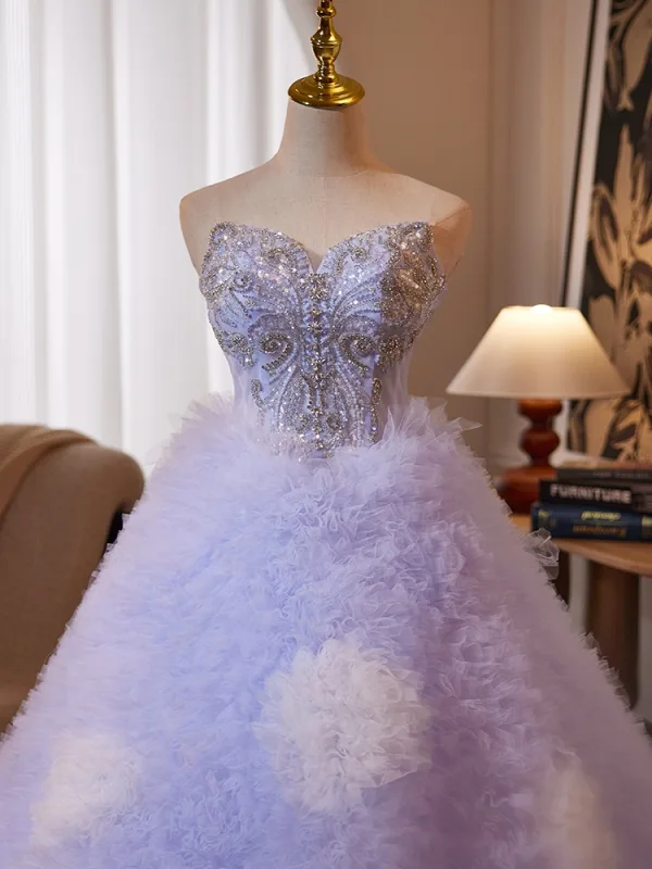 Sexy Lavande Perlage Paillettes Faux Diamant Plissée Robe De Bal 2024 Robe Boule Bustier Sans Manches Dos Nu Longue Promo Robe De Ceremonie
