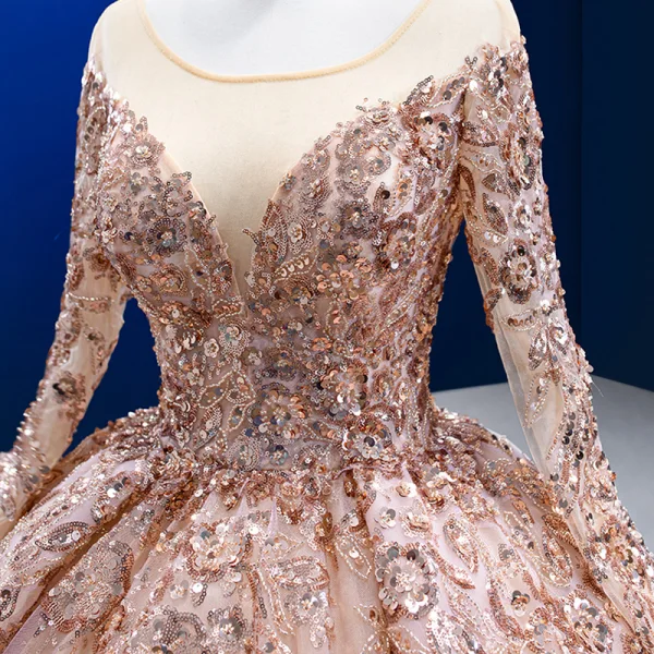 Luxury / Gorgeous Sparkly Champagne Handmade  Beading Sequins Wedding Dresses 2022 Ball Gown Scoop Neck Long Sleeve Backless Court Train Wedding