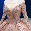 Luxury / Gorgeous Sparkly Champagne Handmade  Beading Sequins Wedding Dresses 2022 Ball Gown Scoop Neck Long Sleeve Backless Court Train Wedding