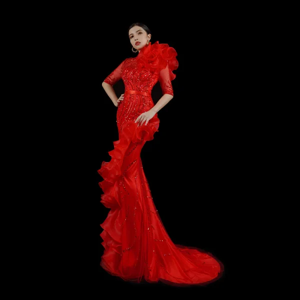 Haut de Gamme Noire Fait main Perlage Paillettes Robe De Soirée 2023 Trompette / Sirène Encolure Dégagée Appliques 1/2 Manches Ceinture Train De Balayage Soirée Robe De Ceremonie
