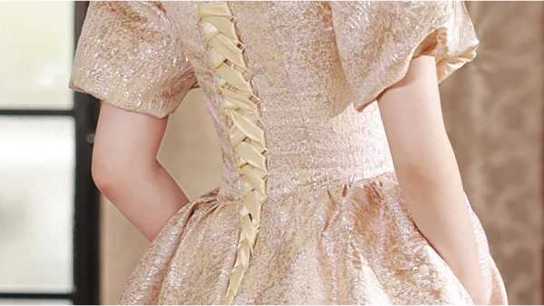 Chic / Beautiful Champagne Pearl Appliques Glitter Prom Dresses 2024 A-Line / Princess Square Neckline Puffy Short Sleeve Backless Floor-Length / Long Prom Formal Dresses