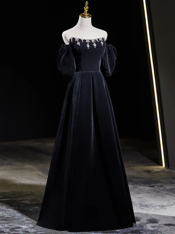 Elegant Black Velvet Rhinestone Prom Dresses 2024 A-Line / Princess Off-The-Shoulder Short Sleeve Backless Floor-Length / Long Prom Formal Dresses