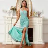 Sexy Mint Green Sequins Split Front Evening Dresses 2022 Trumpet / Mermaid One-Shoulder Sleeveless Backless Sweep Train Evening Party Formal Dresses